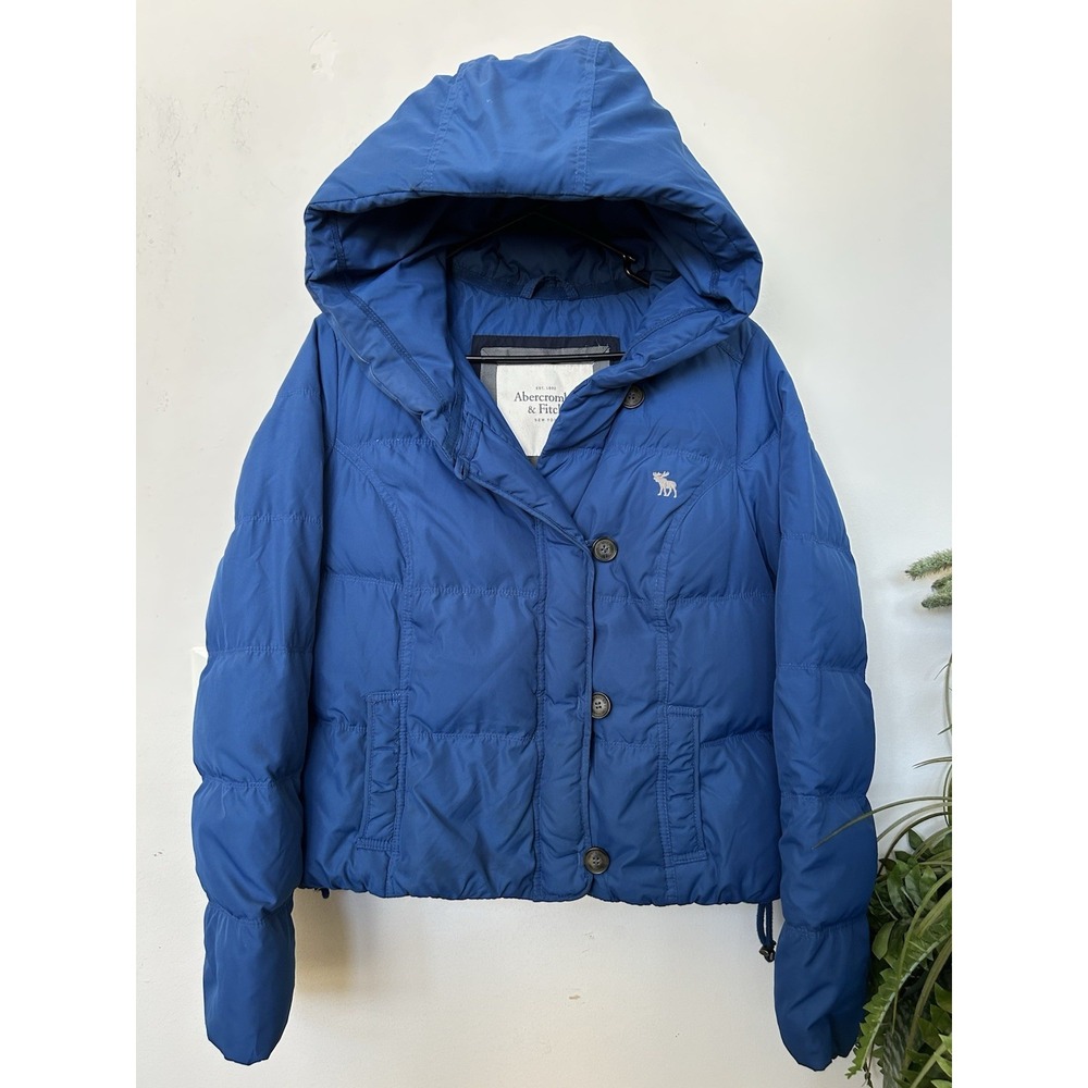 Vintage Abercrombie Fitch Cobalt Blue Down Puffer Jacket Hooded Y2K Cozy Size L